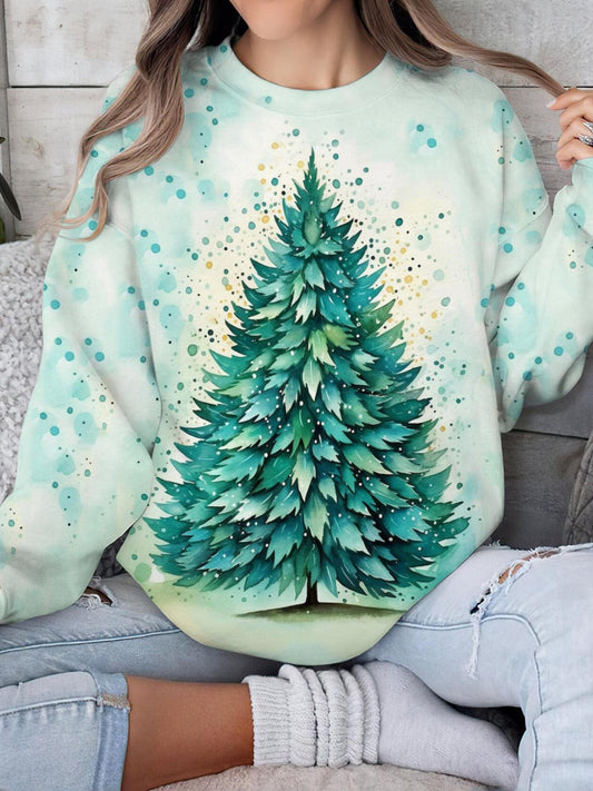 Women's Christmas Tree Print Round Neck Long Sleeve Top