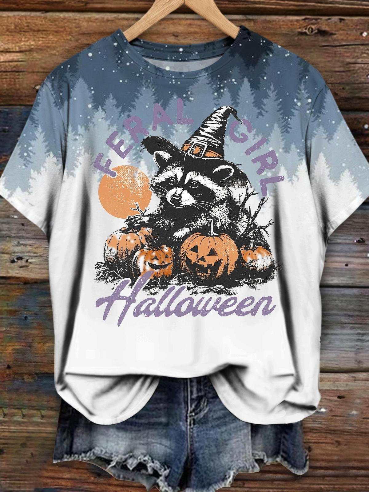 Feral Girl Halloweem Winter Snow Print Crew Neck T-shirt