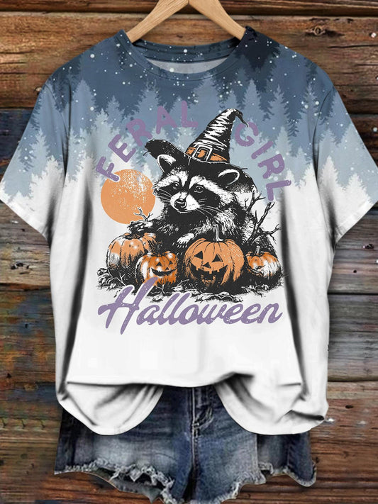 Feral Girl Halloweem Winter Snow Print Crew Neck T-shirt