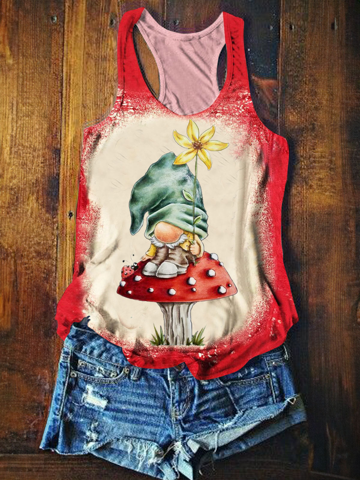 Mushroom Floral Gnome Print Casual Tank Top