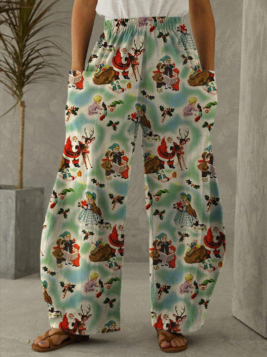 Women's Christmas Cute Kids Elk Santa Claus Vintage Printed Pants