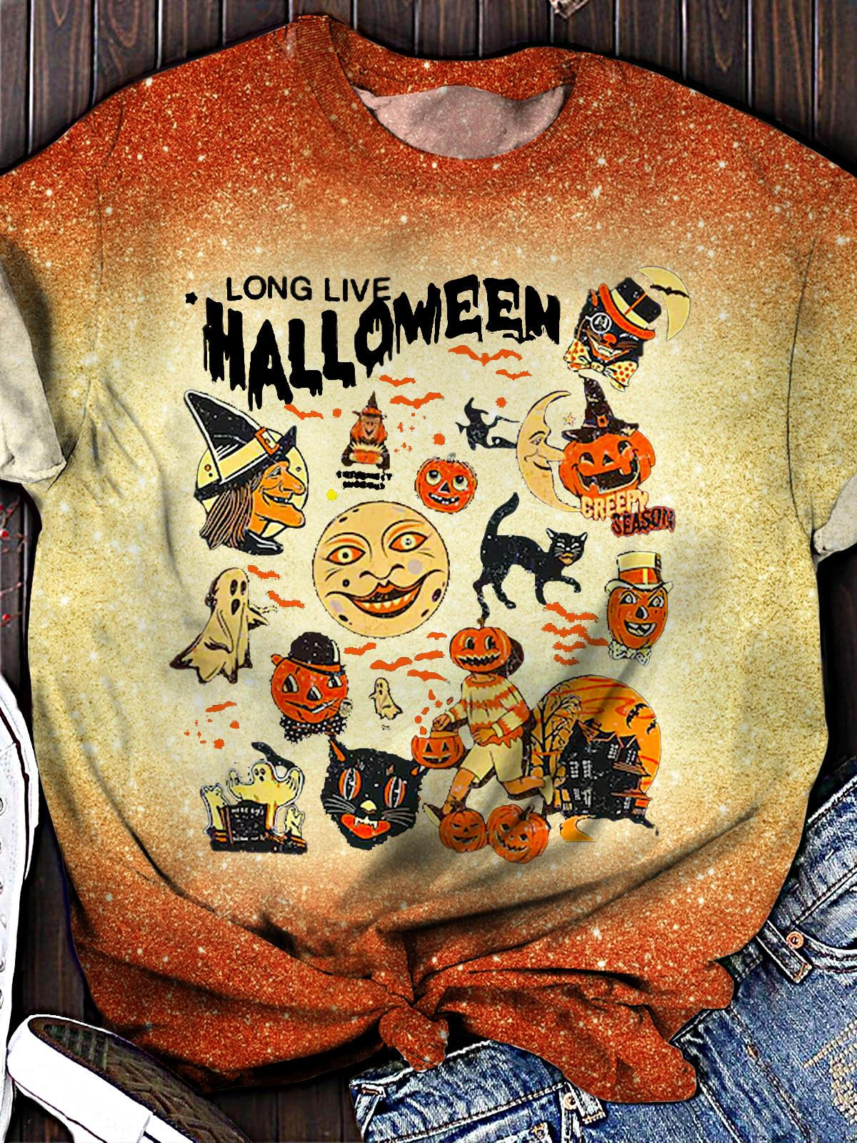 Women's Retro Halloween Horror Season Crew Neck T-shirt