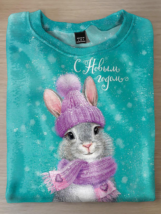 Women's Winter Cute Rabbit Print Long Sleeve Top