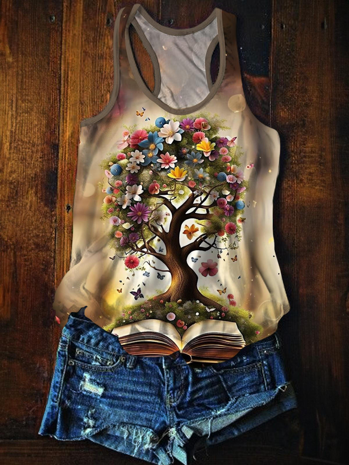 Book Floral Tree Printed Casual Tank Top