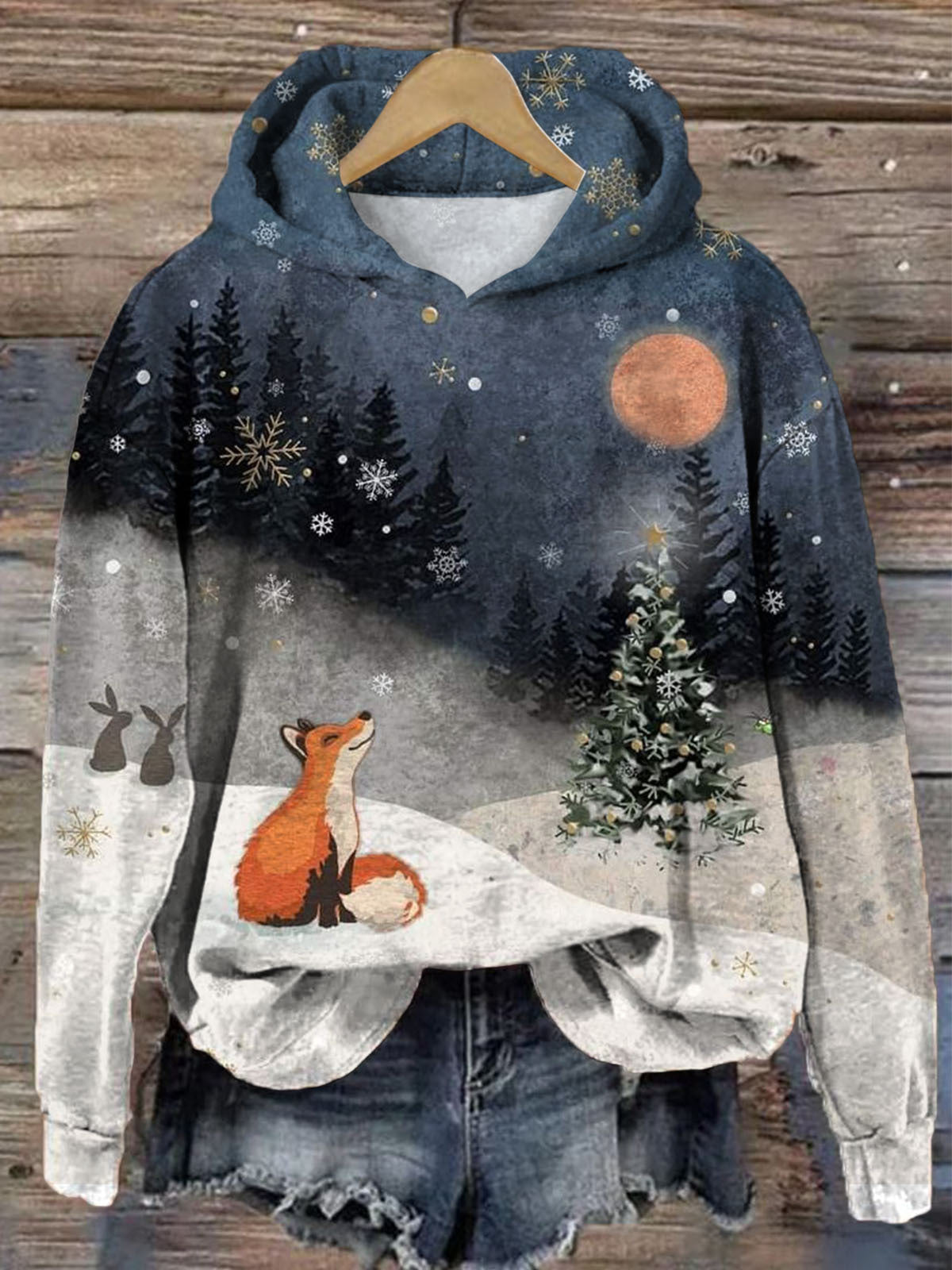 Women's Winter Vintage Fox Forest Moon Print Casual Long Sleeve Top