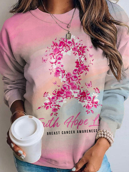 Breast Cancer Picked Printed Long Sleeve Casual Top