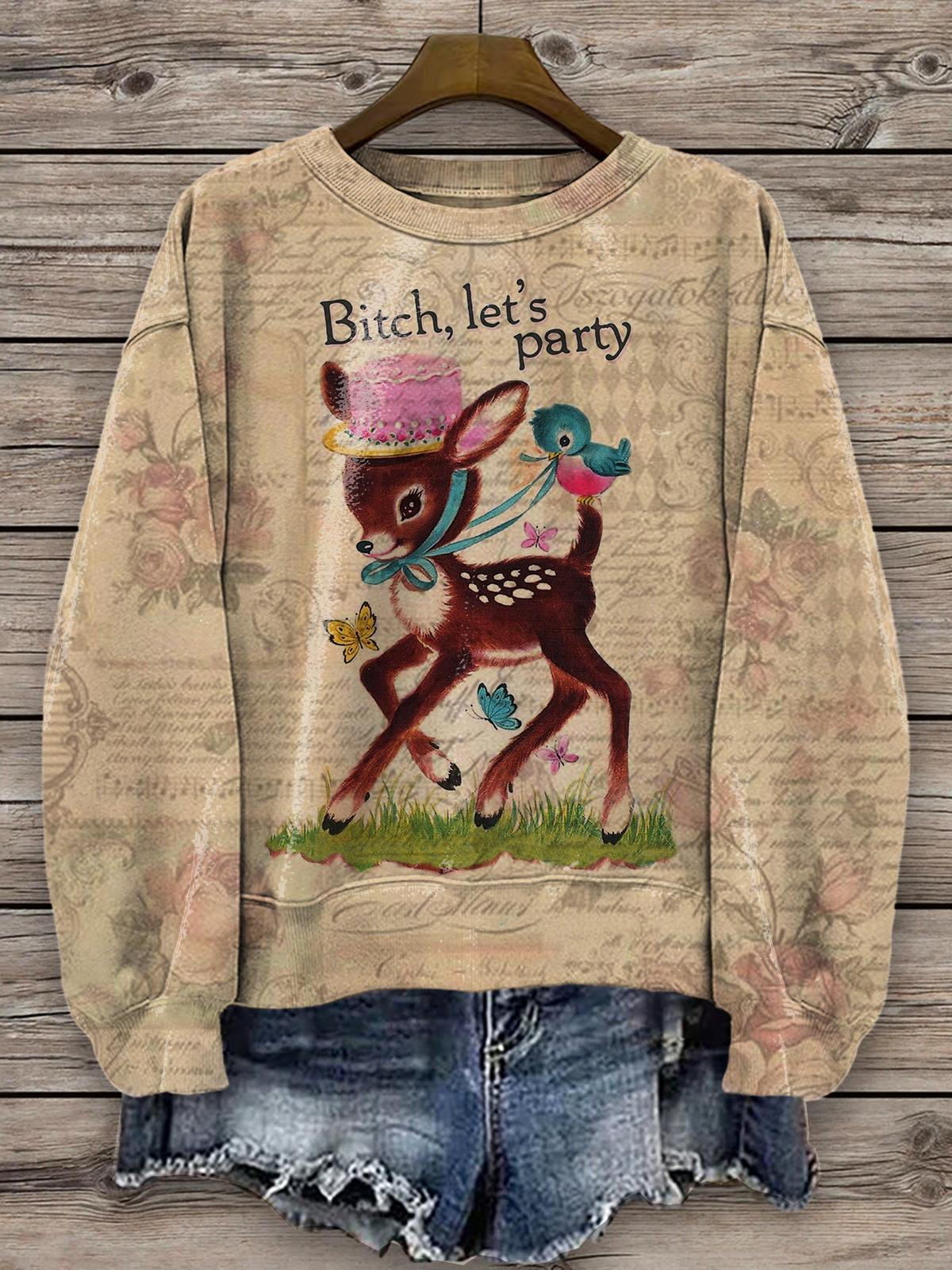 Bitch Lets Party Christmas Cute Elk Print Long Sleeve Top