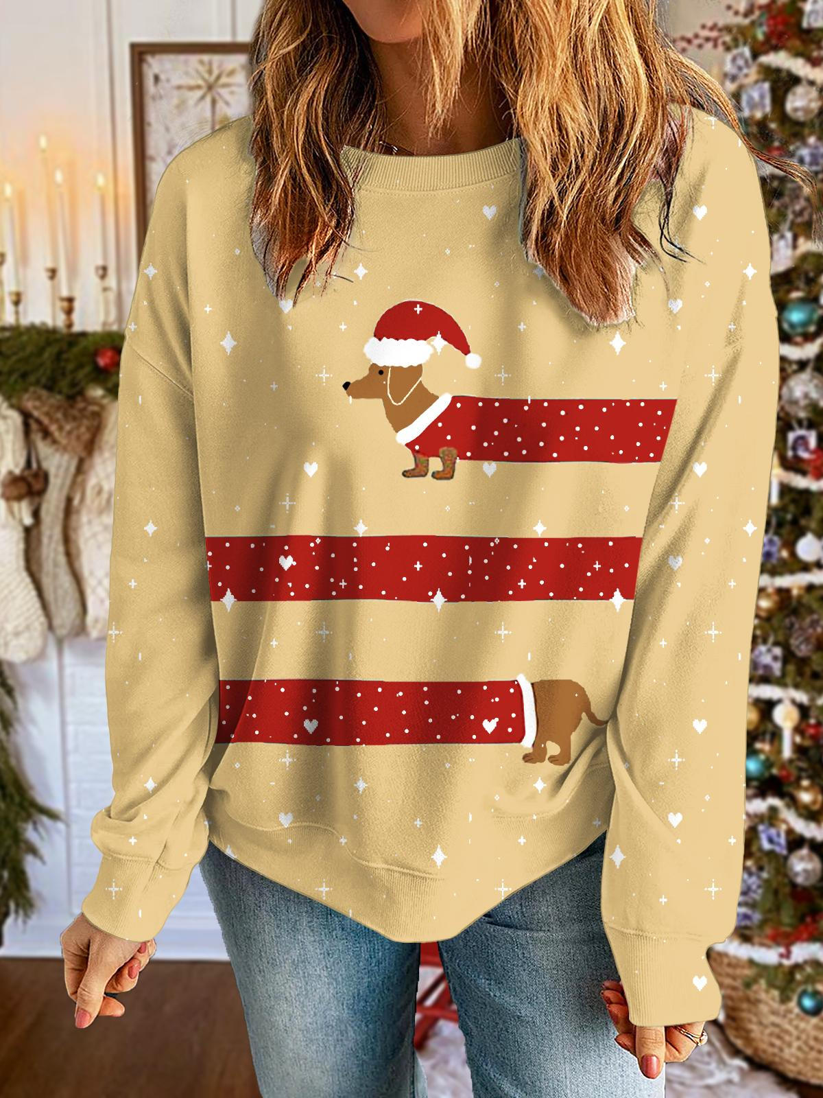 Women's Christmas Hat Dachshund Printed Long Sleeve Casual Top