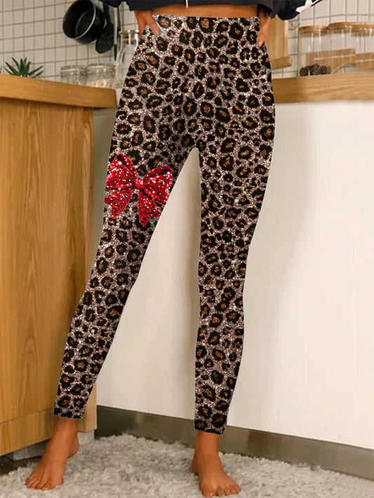 Women's Sexy Faux Sequin Leopard Bow Print Stretch Leggings