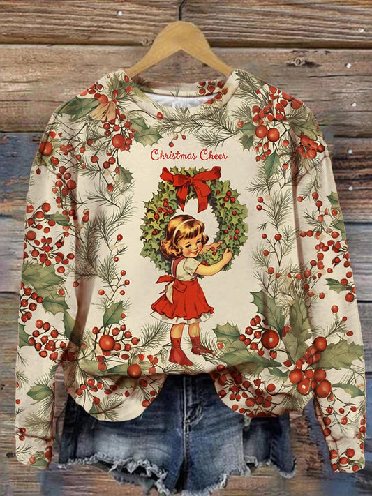 Women's Christmas Girls Vintage Floral Print Long Sleeve Top