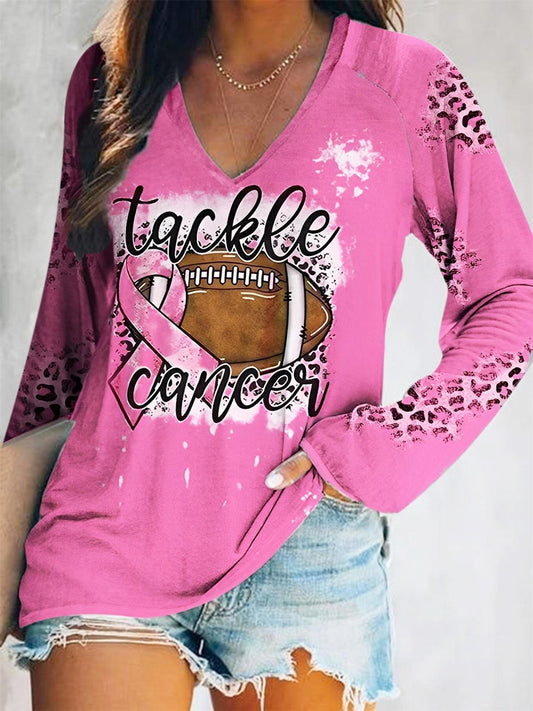 Tackle Cancer Print V Neck Long Sleeve Top