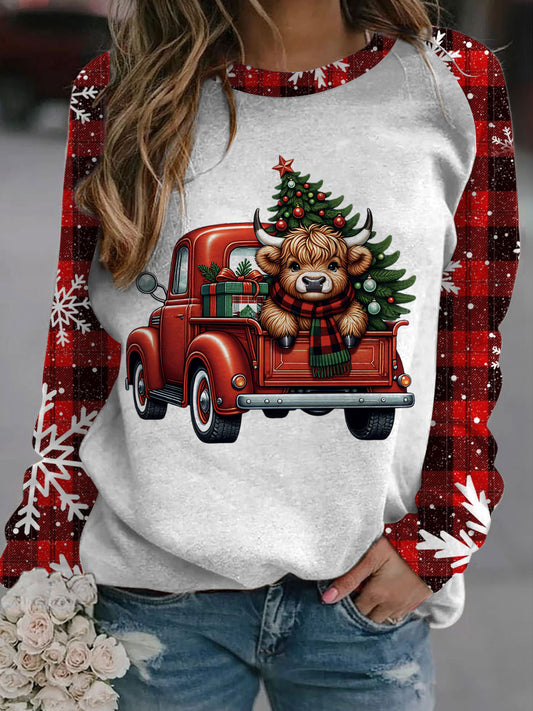 Christmas Highland Cow Long Sleeve Casual Top