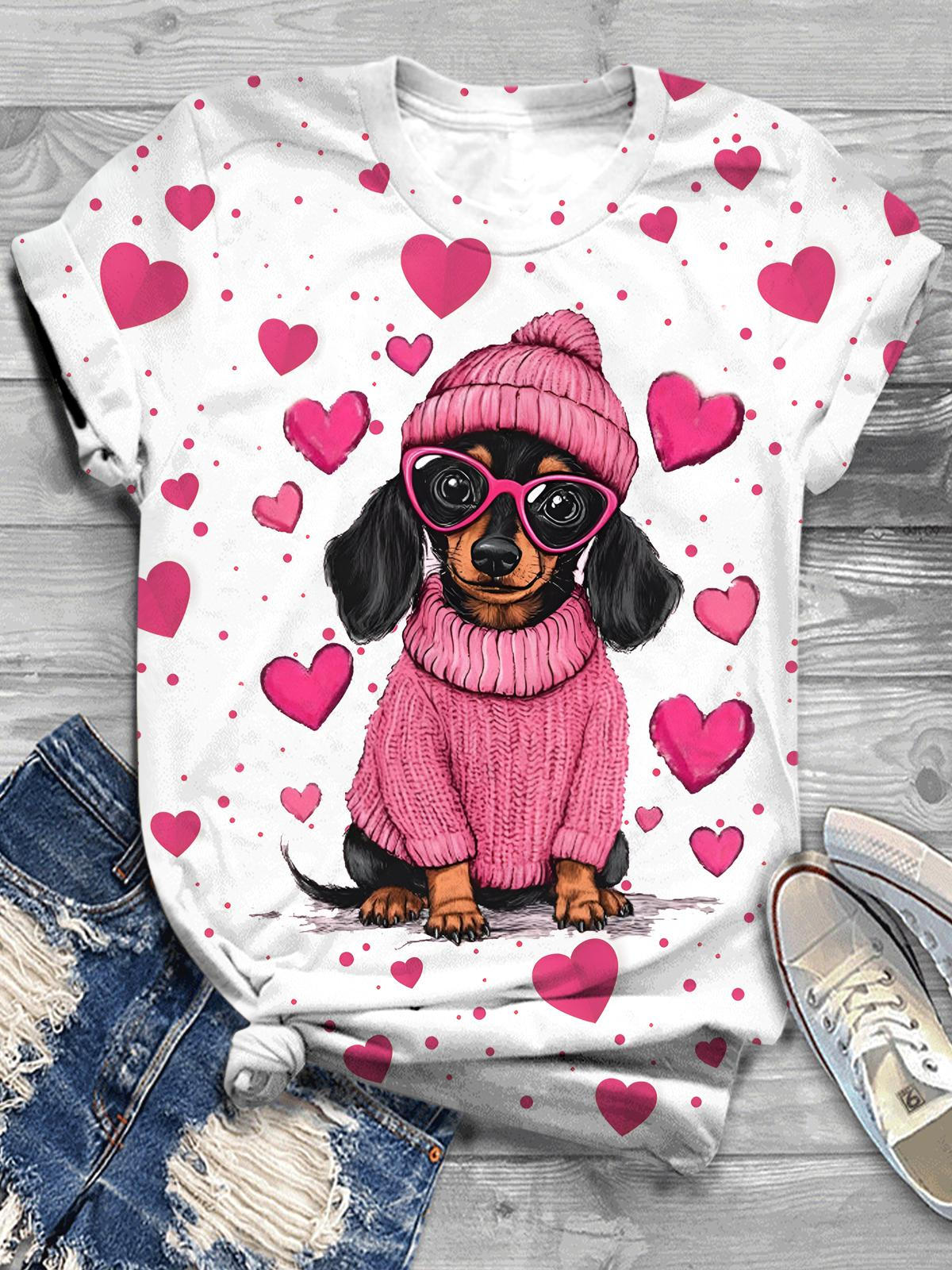 Cute Valentine Dachshund Dog Crew Neck T-shirt