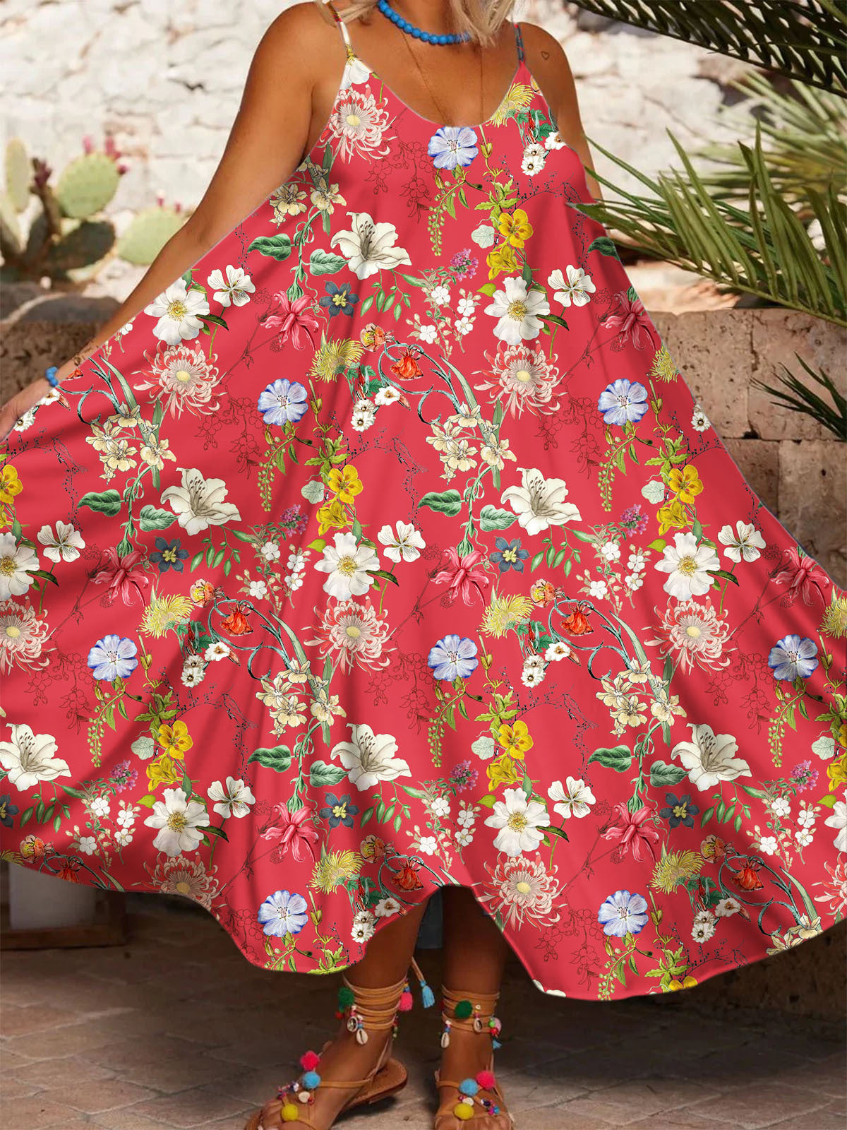 Women's Red Flowers Printed Casual Spaghetti Strap Dress