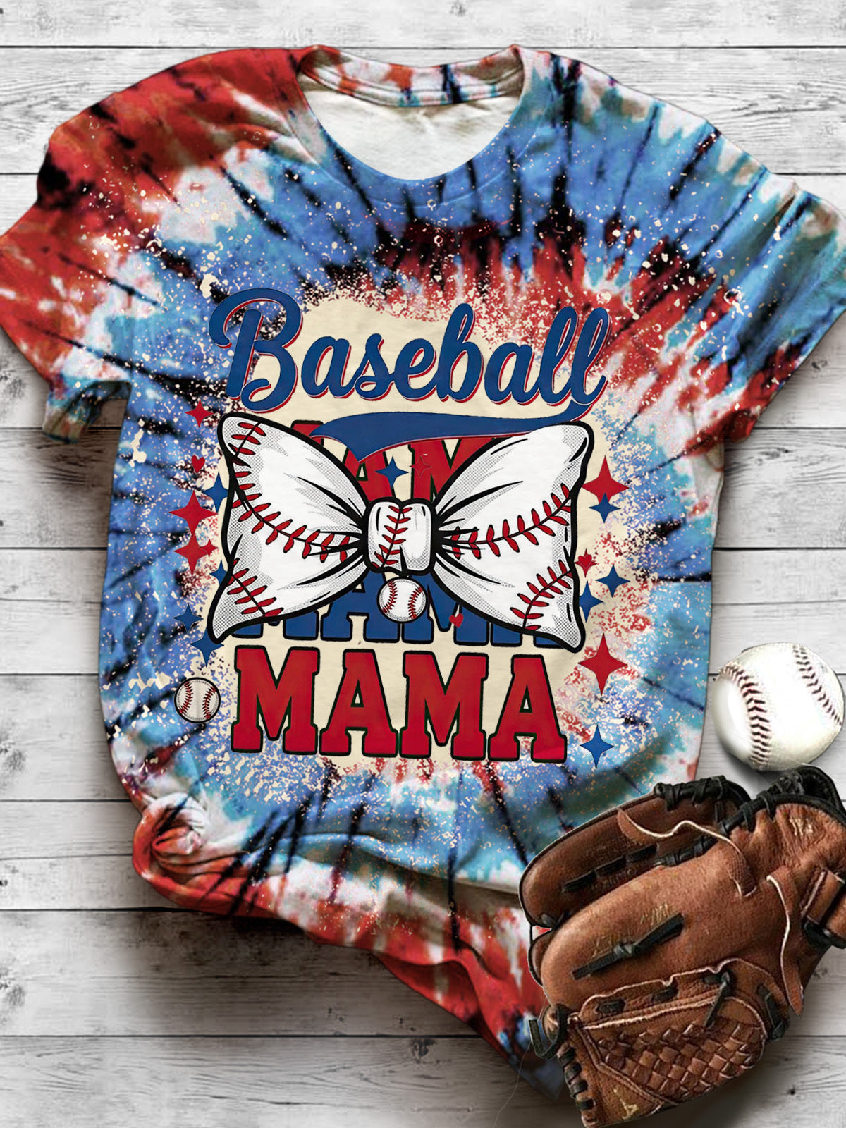 Baseball Mama Baseball Game Mother's Day Tie Dye Print T-Shirt