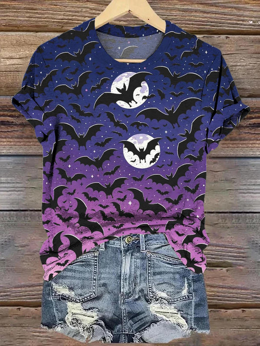 Halloween Dark Moon Bat Printed Crew Neck T-shirt