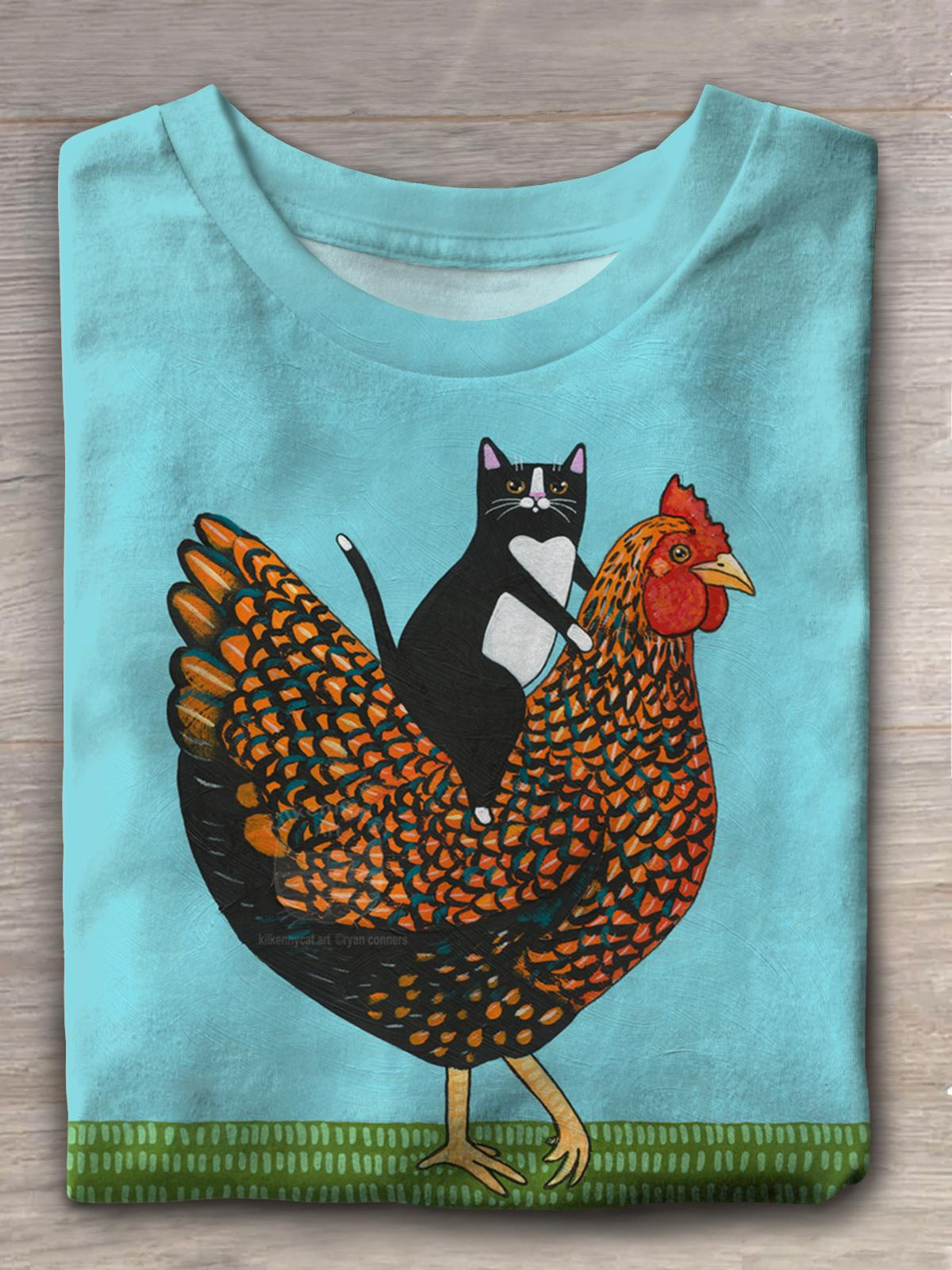 Funny Cat Ride Chicken Crew Neck T-shirt