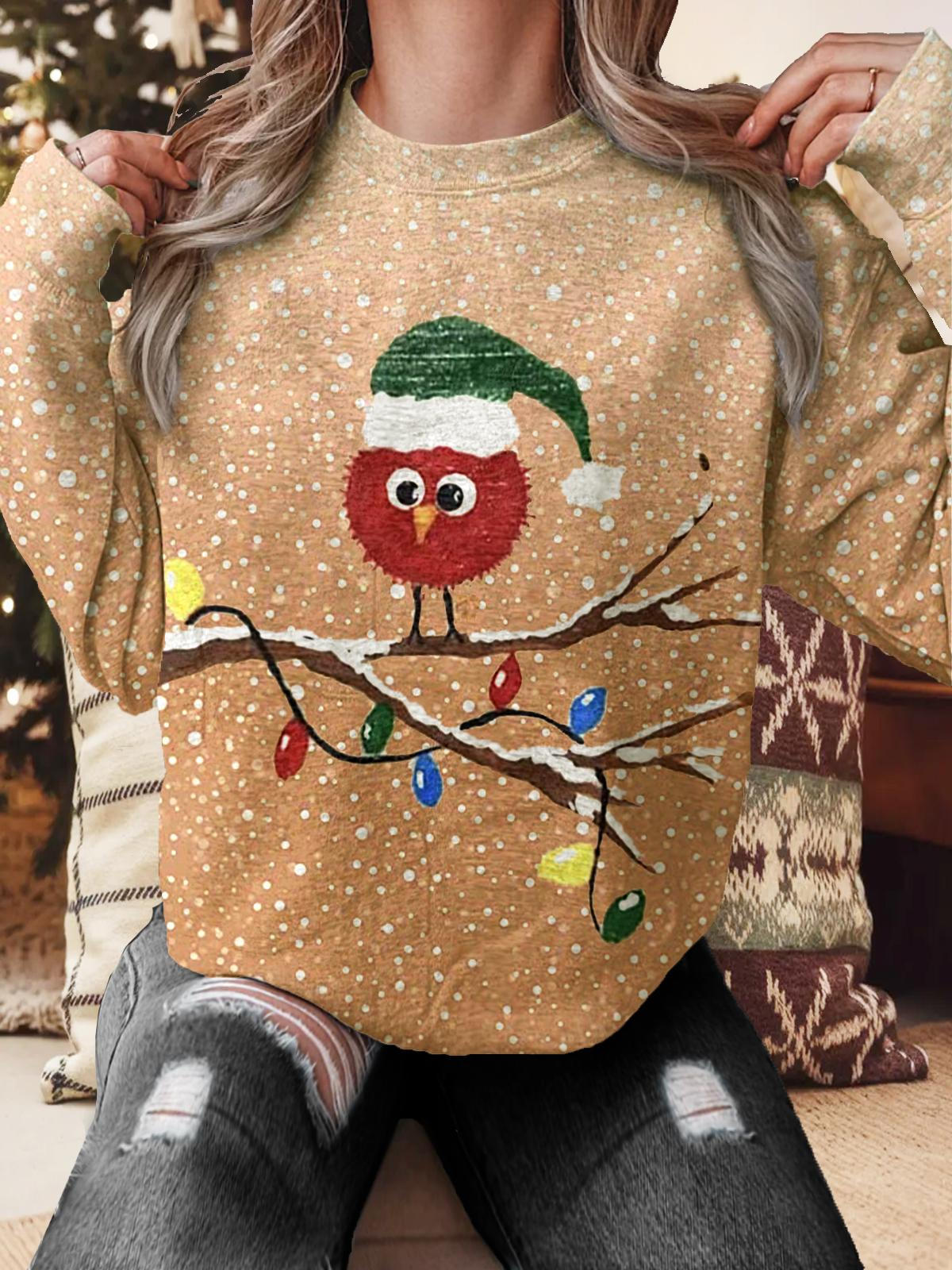 Women's Christmas Bird Print Crew Neck Casual Sweatshirt