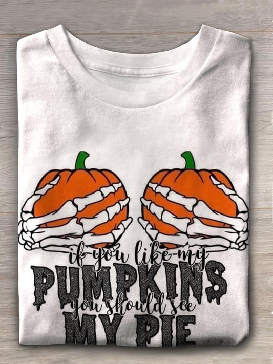 Women's Halloween Skull Pumpkin Print Short Sleeve Crew Neck T-Shirt