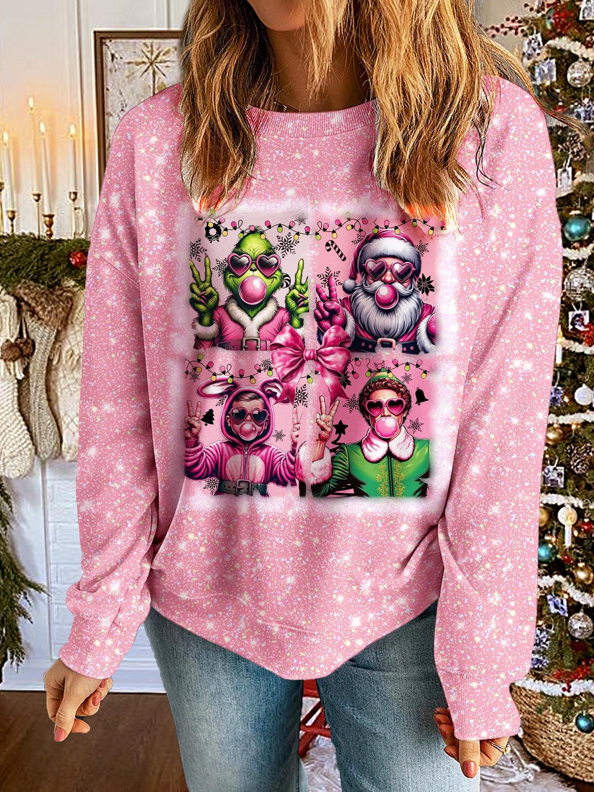 Women's Pink Vintage Christmas Movie Printed Long Sleeve Casual Top