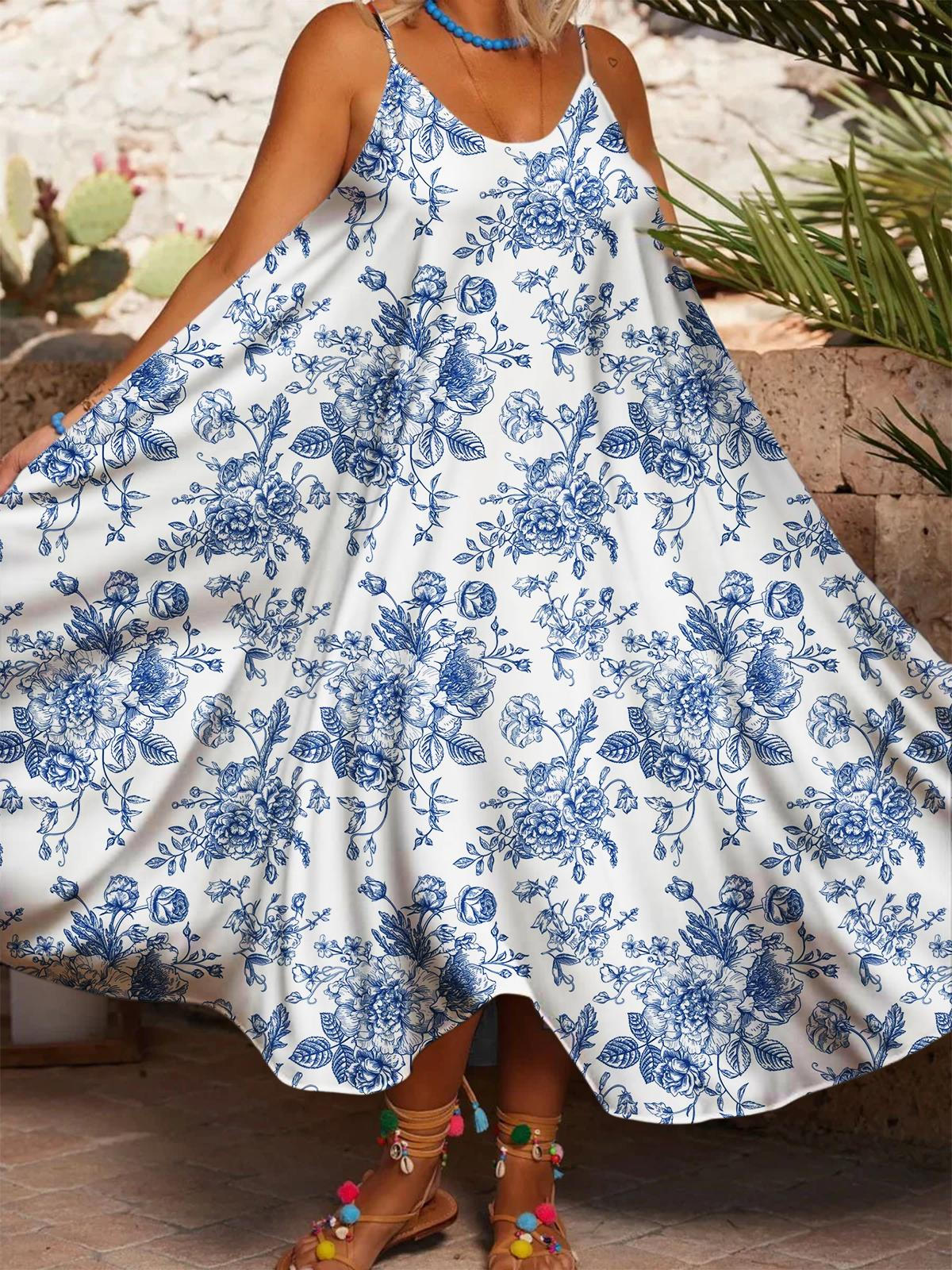 Women's Blue Floral Print Casual Slip Dress