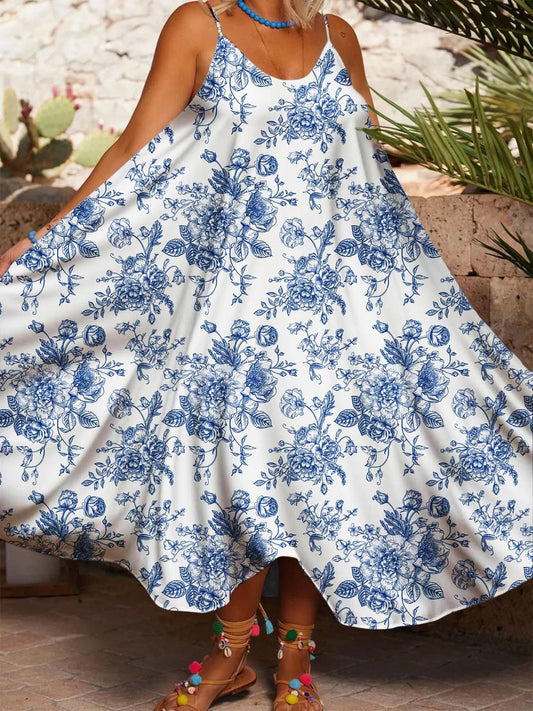 Women's Blue Floral Print Casual Slip Dress