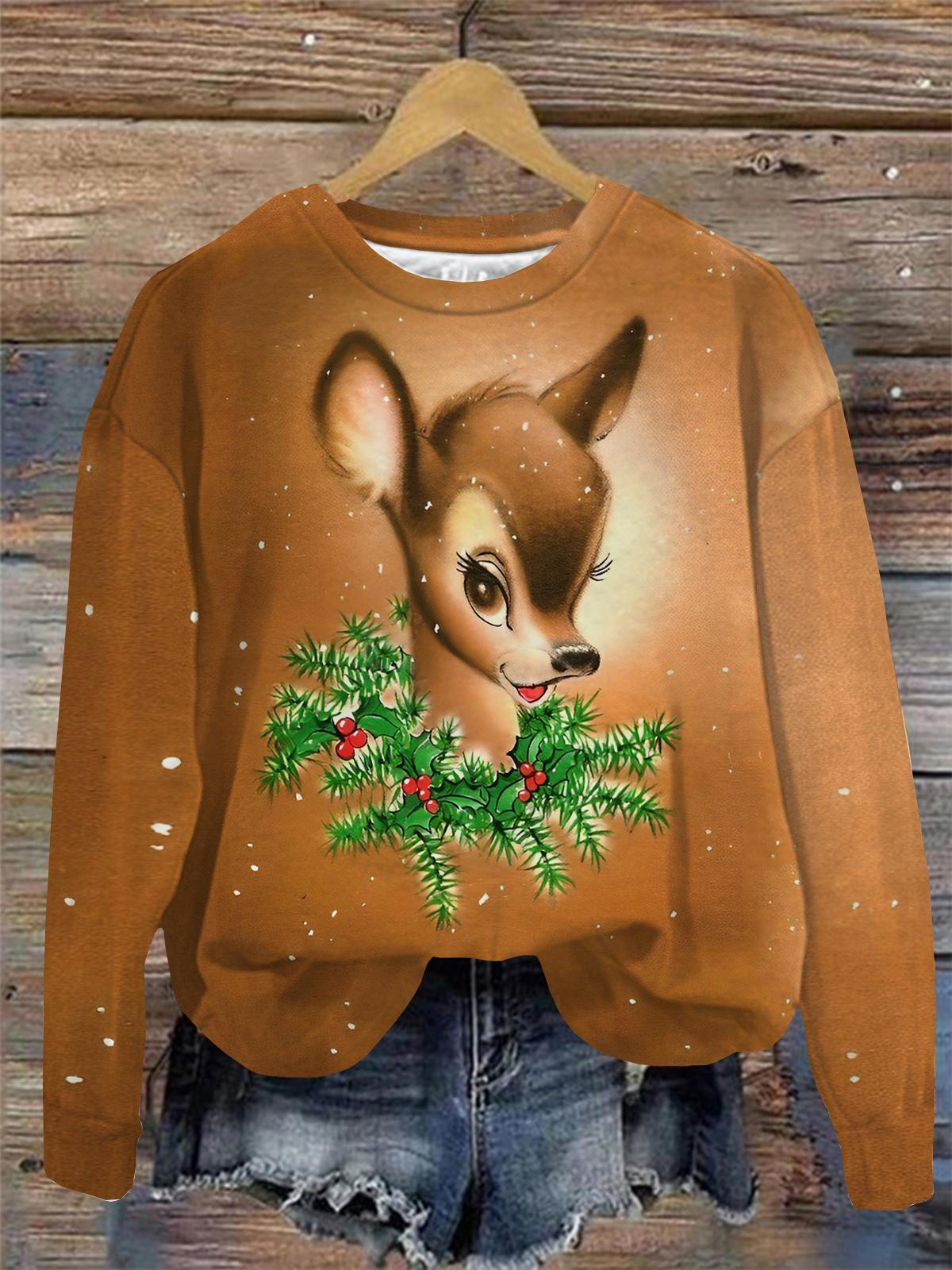 Deer Print Round Neck Long Sleeve Top