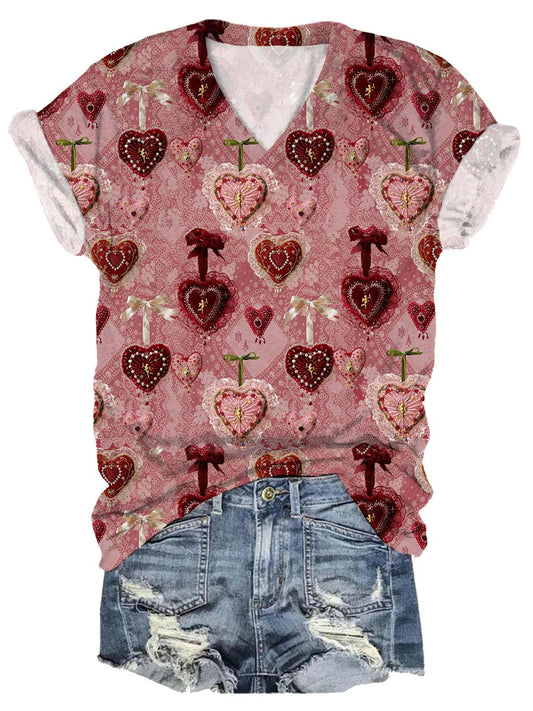 Happy Valentine's Day Love Handmade Lace Print T-shirt