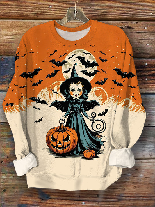 Women Halloween Girls Pumpkin Bat Patchwork Printed Casual Tops