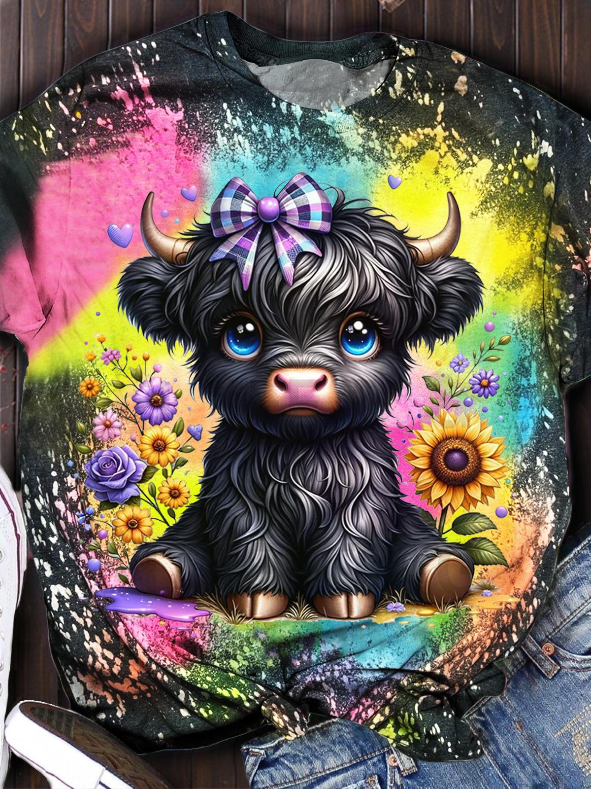 Black Highland Cow Print Casual Top