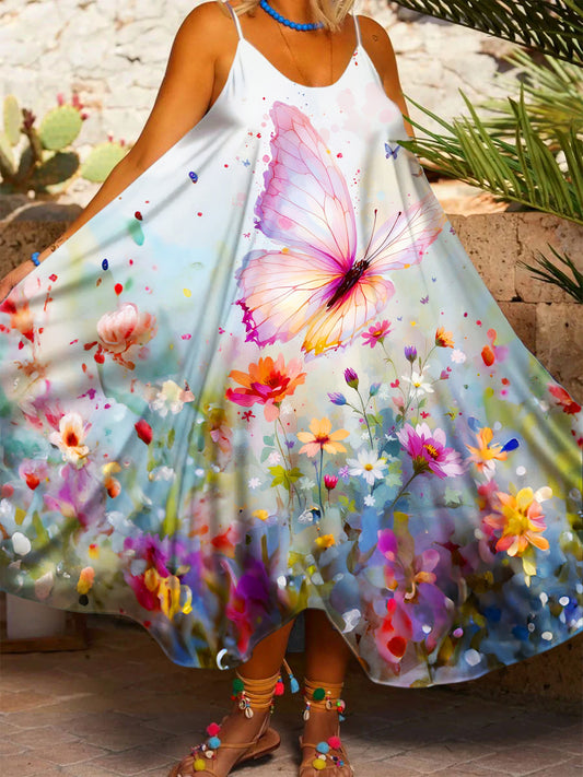 Women's Butterfly Watercolor Spring Flowers Printed Casual Spaghetti Strap Dress