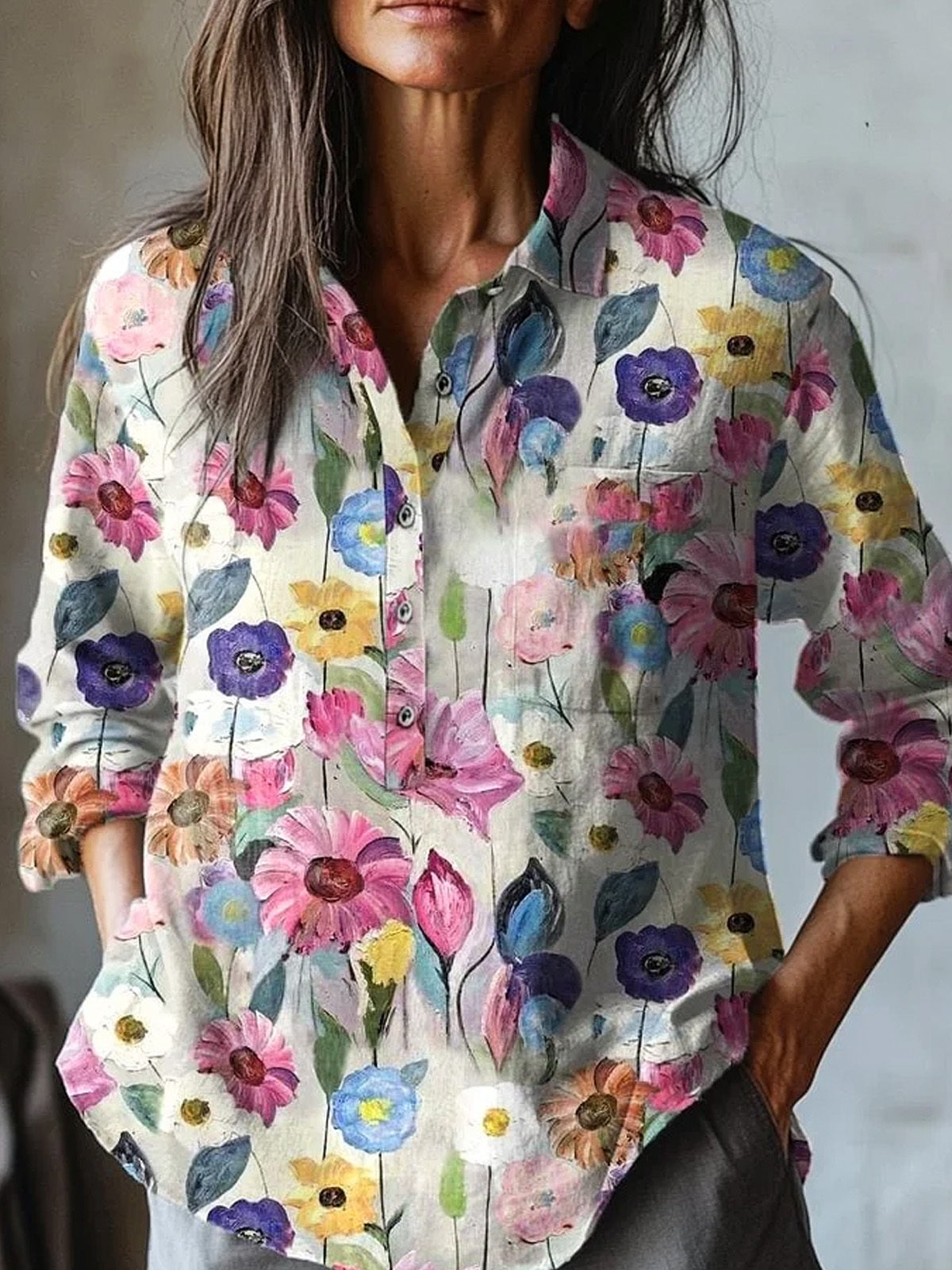 Oil Painting Floral Pattern Puff Wrinkle Casual Shirt