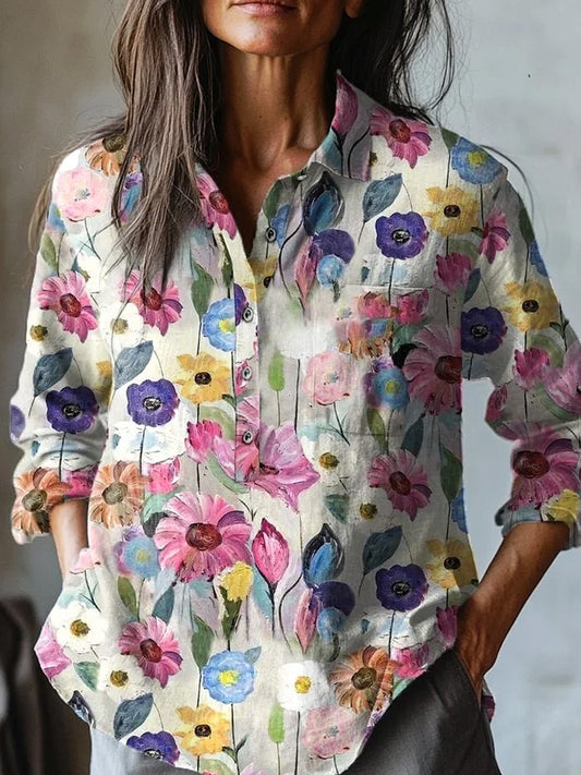 Oil Painting Floral Pattern Puff Wrinkle Casual Shirt