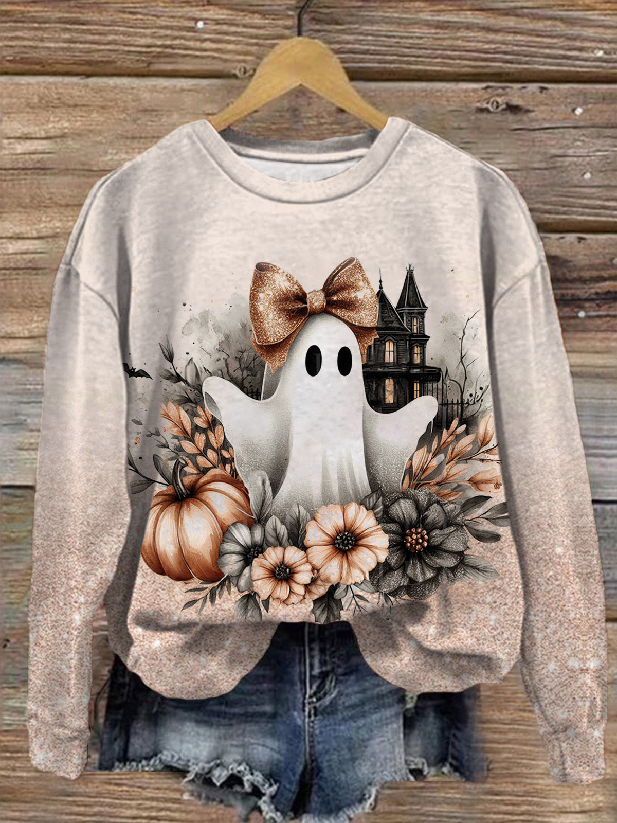 Women's Cute Ghost With A Bow Round Neck Long Sleeve Top