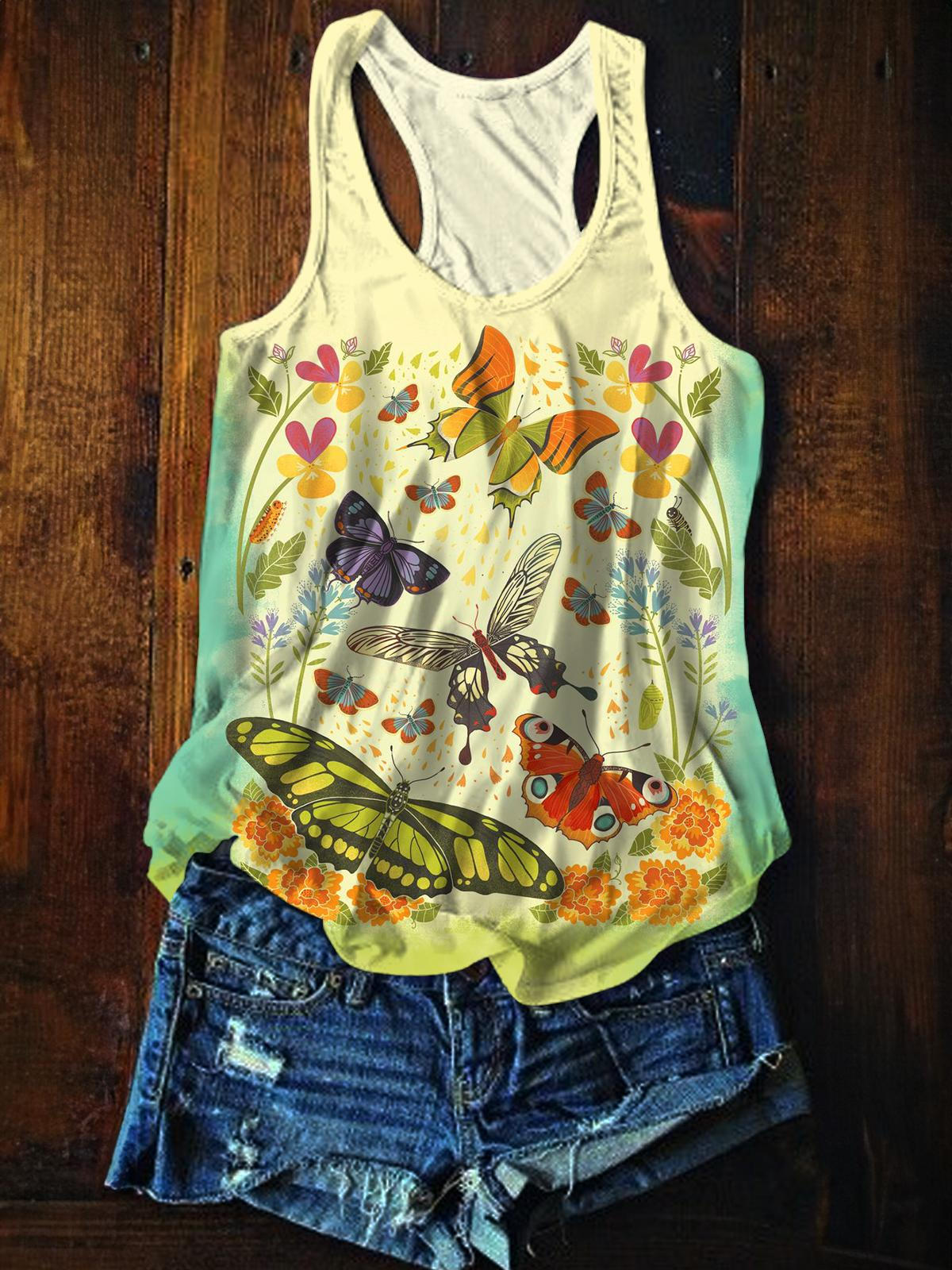 Vintage Beautiful Butterflies Printed Casual Tank Top