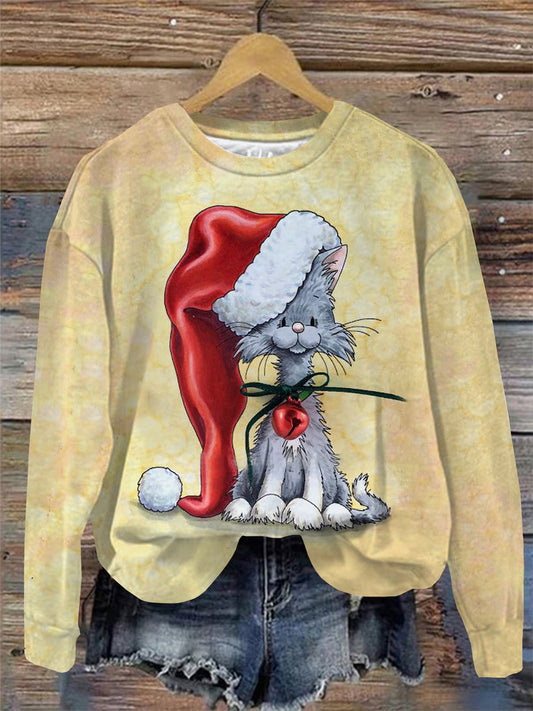 Christmas Cat Print Round Neck Long Sleeve Top