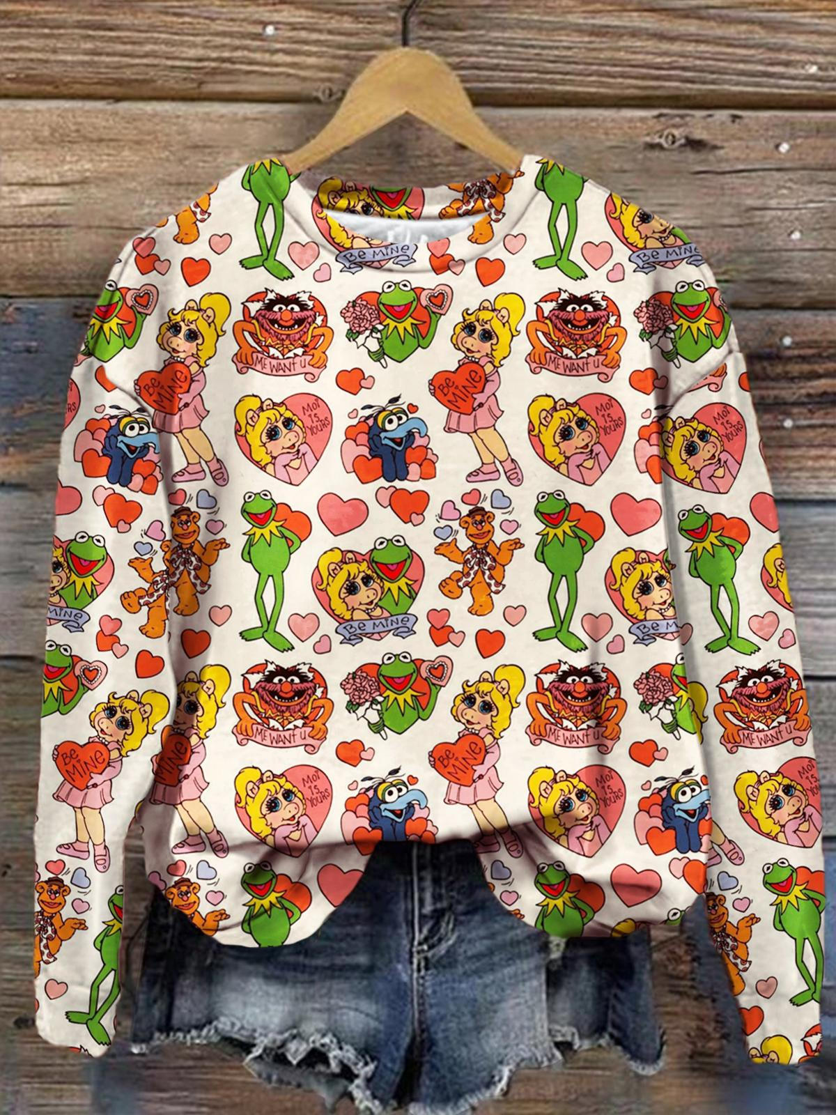 Women's Cute Character Cartoon Fun Retro Festival Print Long Sleeve Top