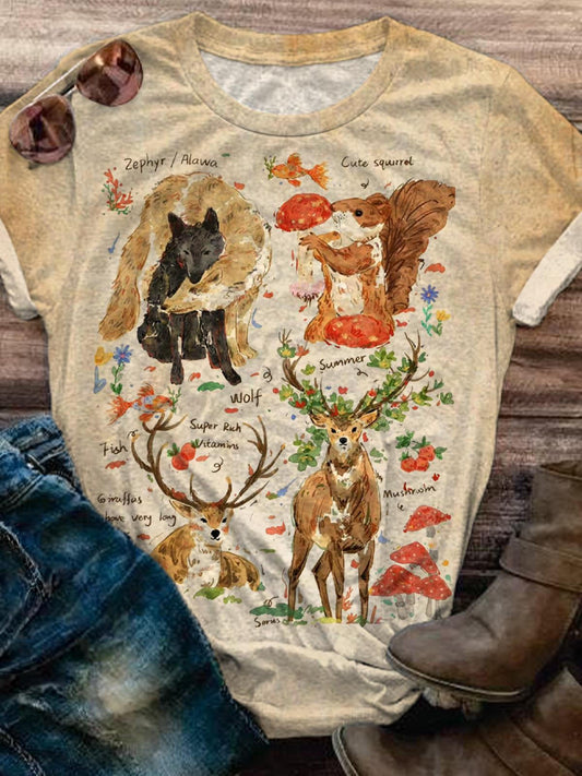 Retro Animals And Flowers Crew Neck T-shirt