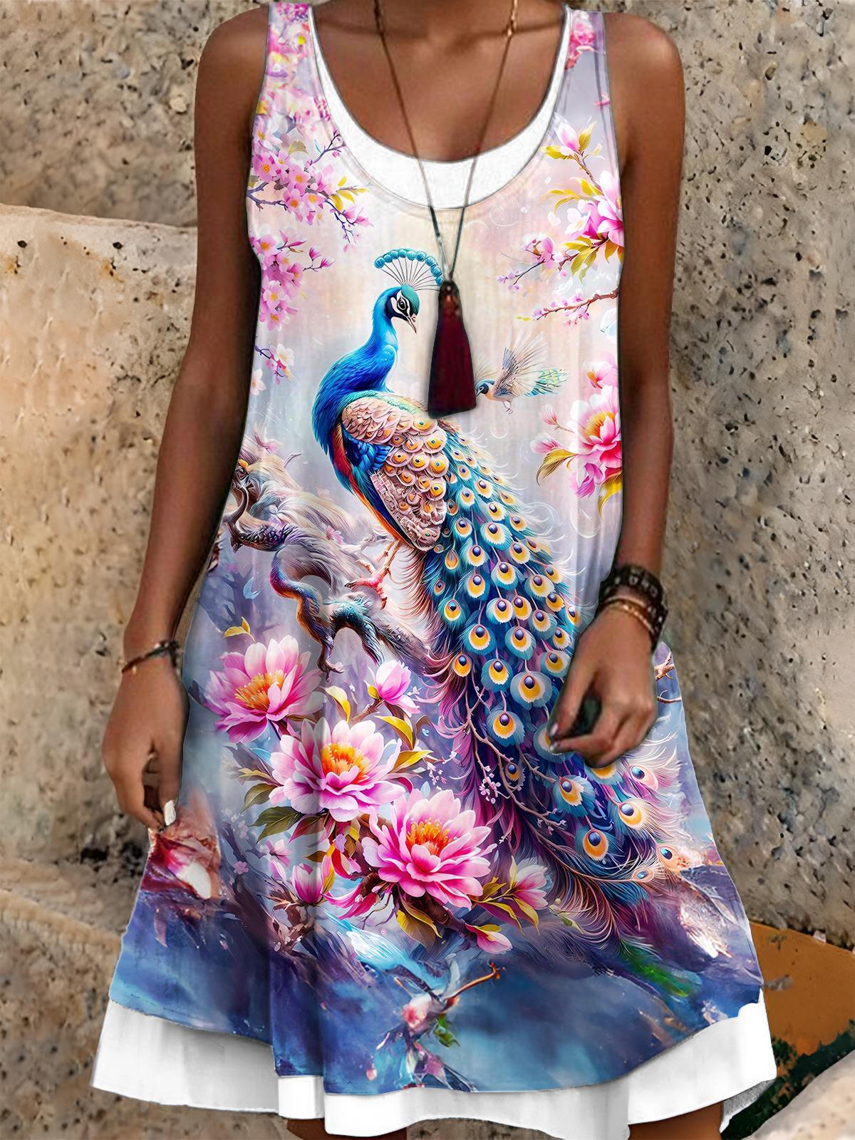 Floral Peacock Print False Two Dress