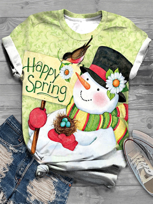 Spring Snowman Print Crew Neck T-Shirt