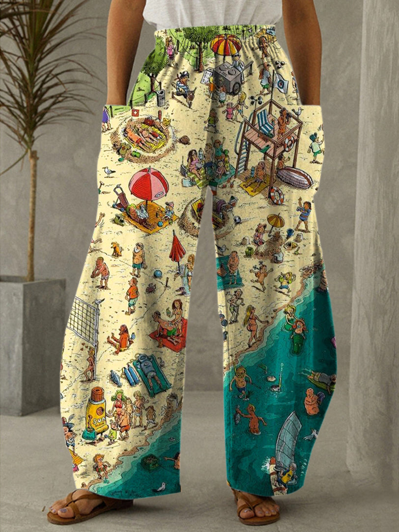 Vintage Beach Day Print Casual Pants