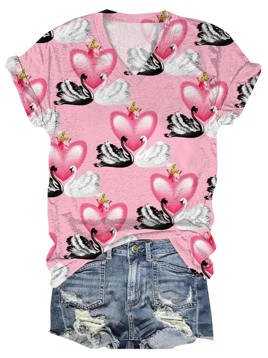 Valentine's Day Swan V-Neck Short Sleeve T-Shirt