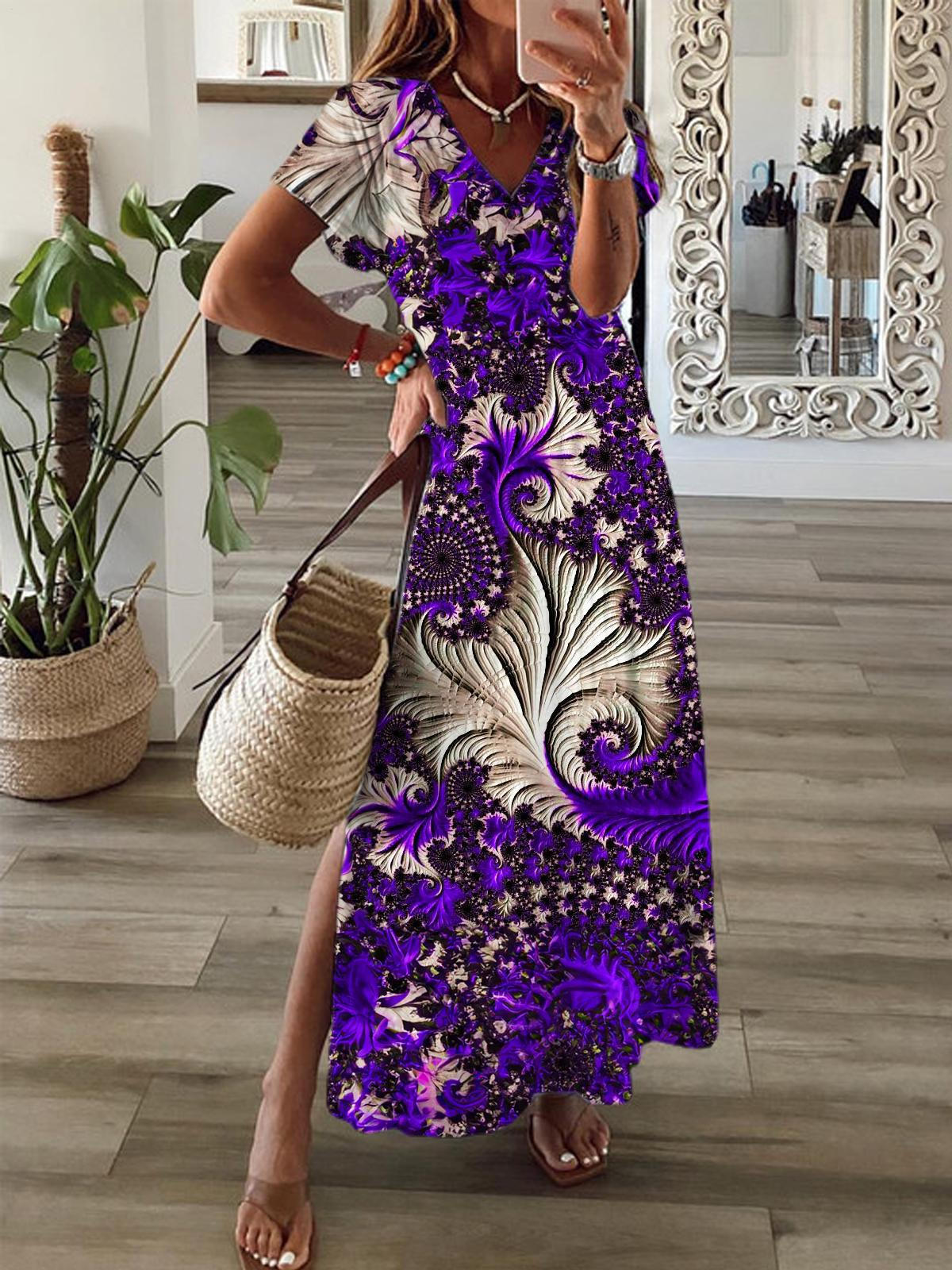 Purple Fractal Art Print Short Sleeve V Neck Maxi Dress