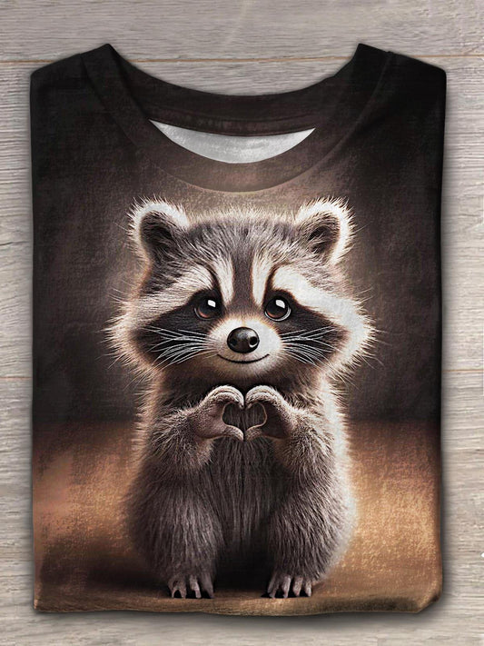 Women's Cute Raccoon Print Crew Neck T-shirt