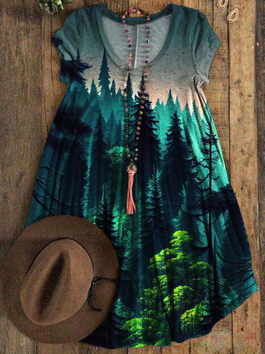 Forest Print Casual Short Sleeve V-Neck Dress