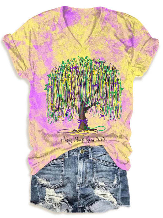 Coquette Mardi Gras Tree V-Neck T-Shirt