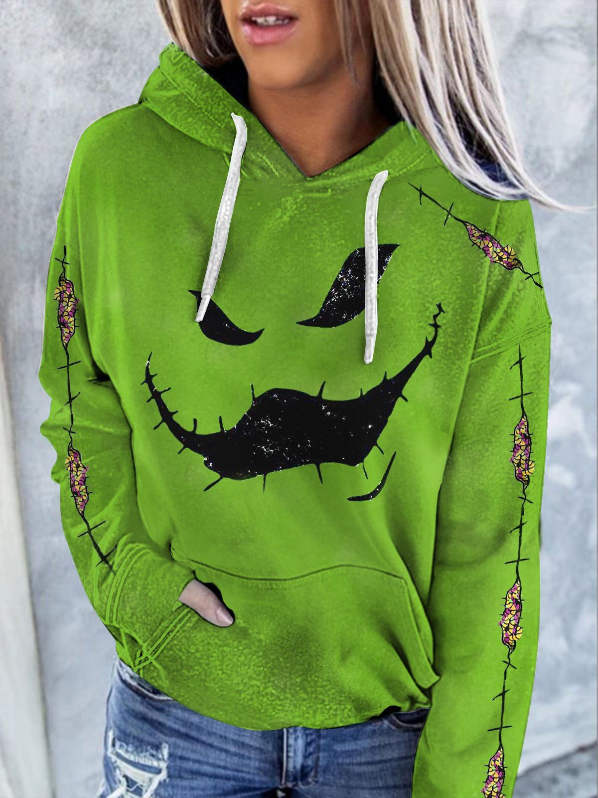 Women's Funny Green Ghoul Printed Pocket Hooded Sweatshirt