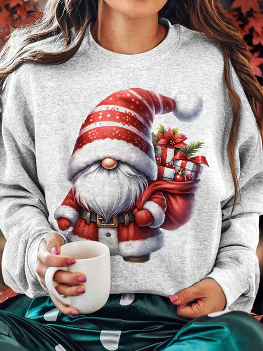 Santa Christmas Gnomes Printed Long Sleeve Casual Top