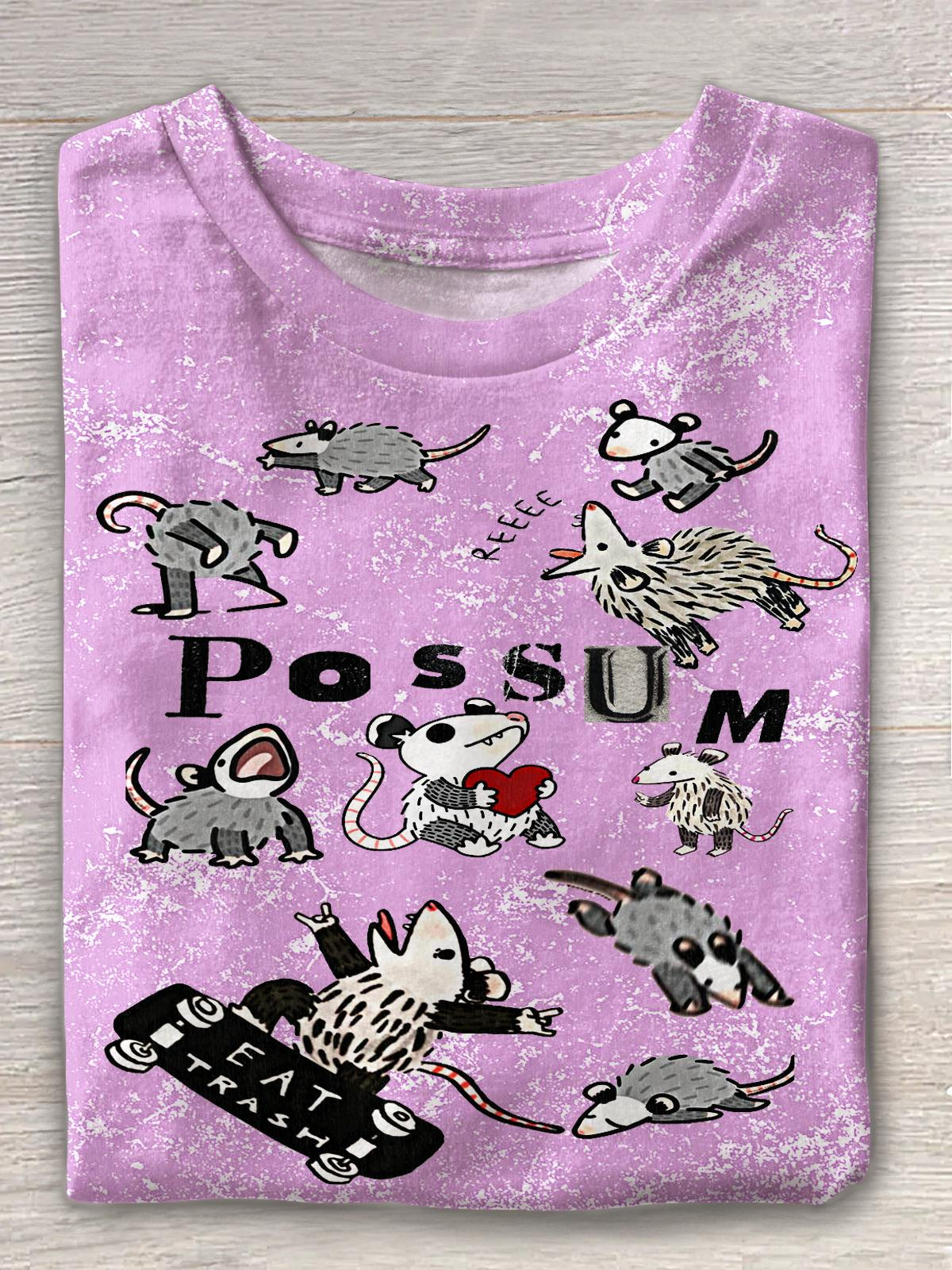 Women's Retro Cute Screaming Possum Print Crew Neck T-shirt