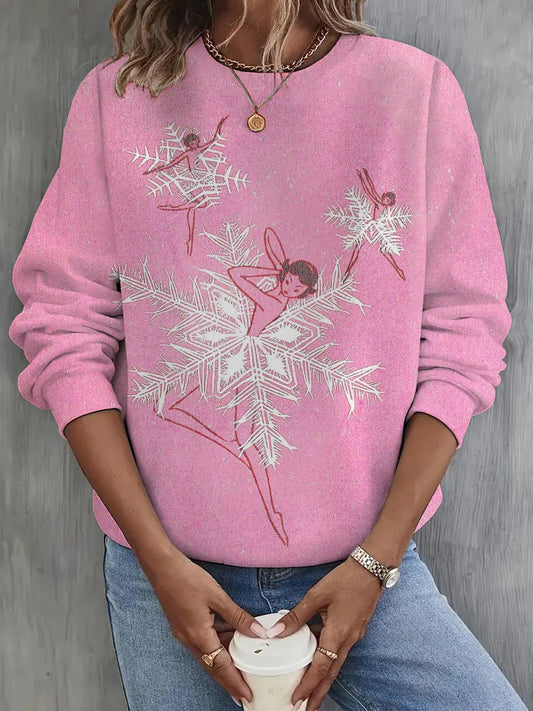 Pink Greetings Snowflake Dancers Christmas Long Sleeve Casual Top